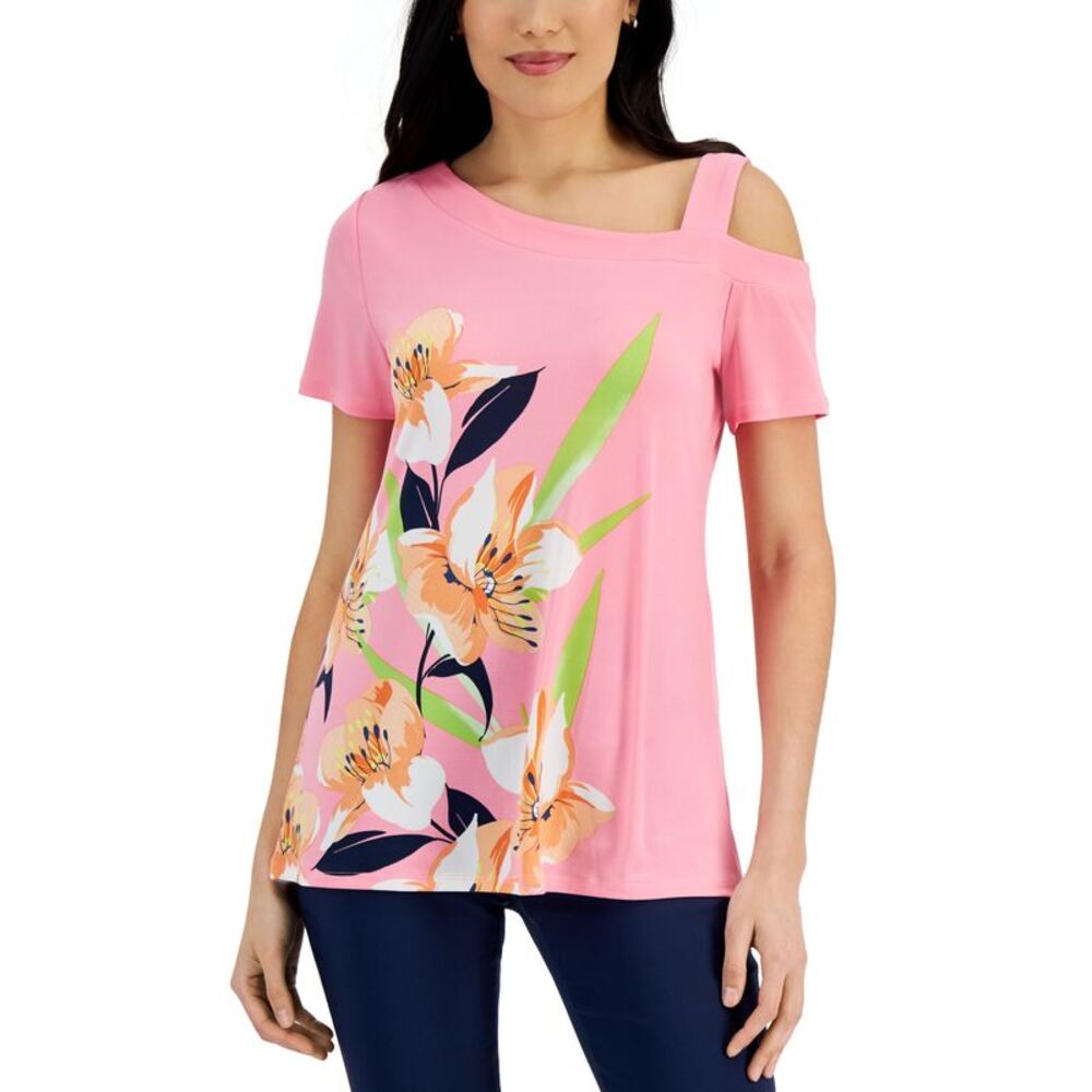 JM Collection Floral Cold Shoulder Top
